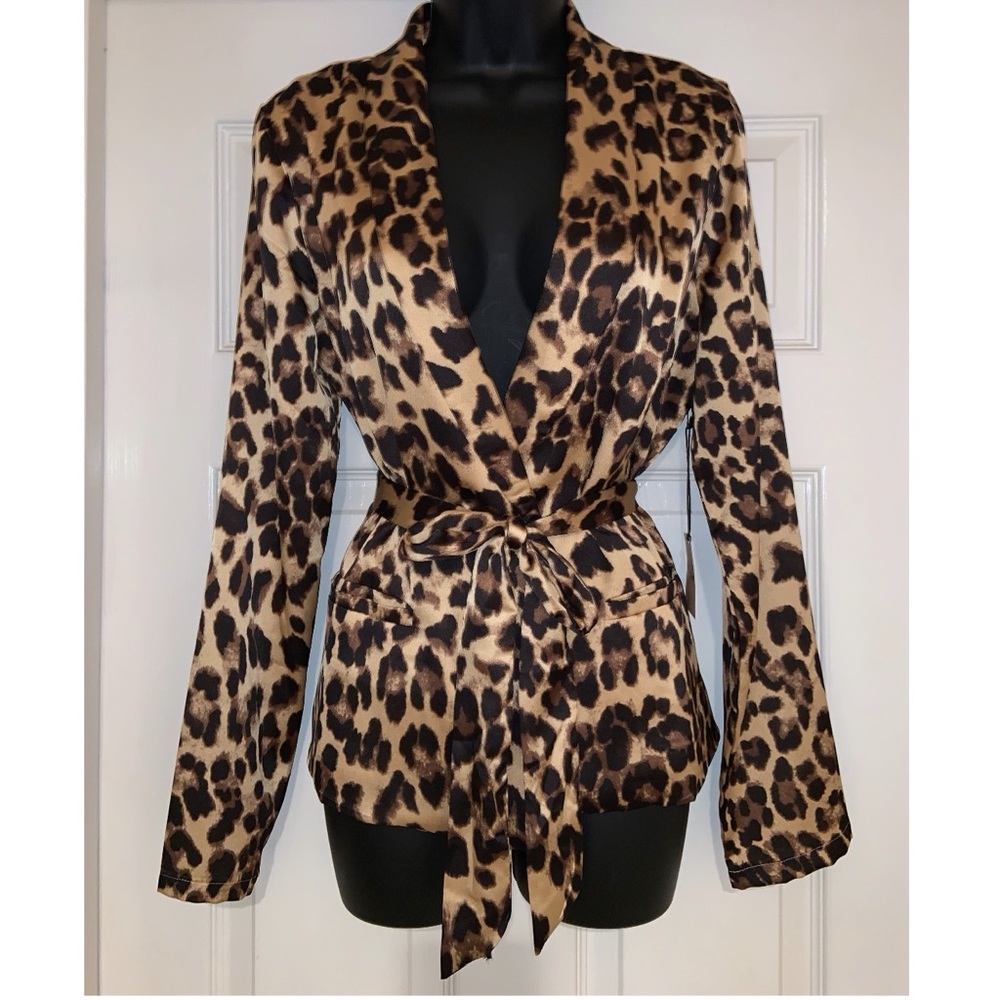 superdown Leopard Print Satin Wrap Blazer in Tan and Black